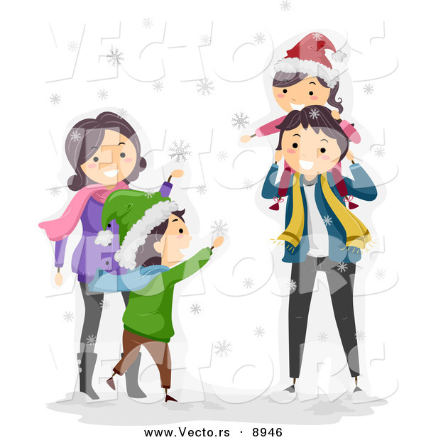 Vector of a Happy Cartoon Family Playing in the Winter Snow