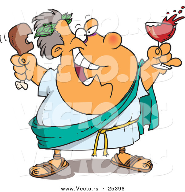 Vector of a Happy Cartoon Fat Man Drinking Wine and Eating Meat with a Big Smile