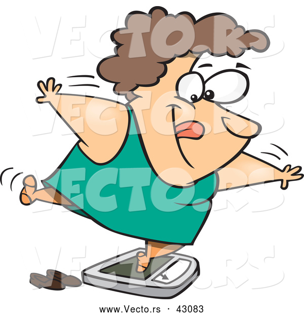 Vector of a Happy Cartoon Fat Woman Trying to Trick Her Scale While Weighing Herself