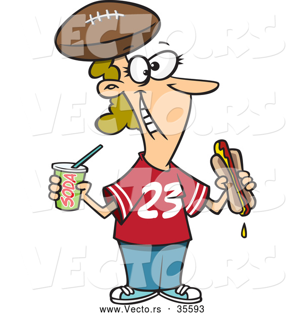 Vector of a Happy Cartoon Female Football Fan with Hot Dog, Soda, and Football Hat