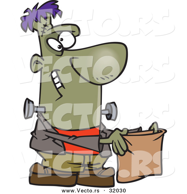 Vector of a Happy Cartoon Frankenstein Holding out a Candy Bag on Halloween
