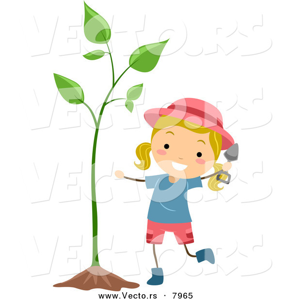 Vector of a Happy Cartoon Girl Beside a Sprouting Garden Plant