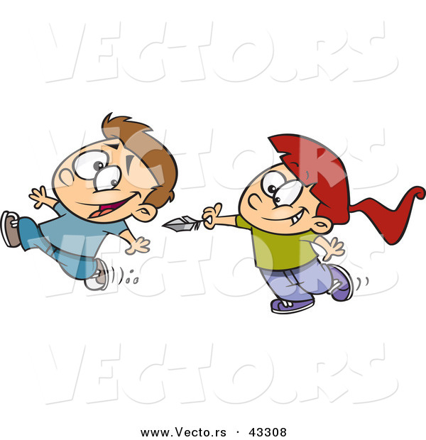 Vector of a Happy Cartoon Girl Chasing Boy and Trying to Tickle Him with a Feather