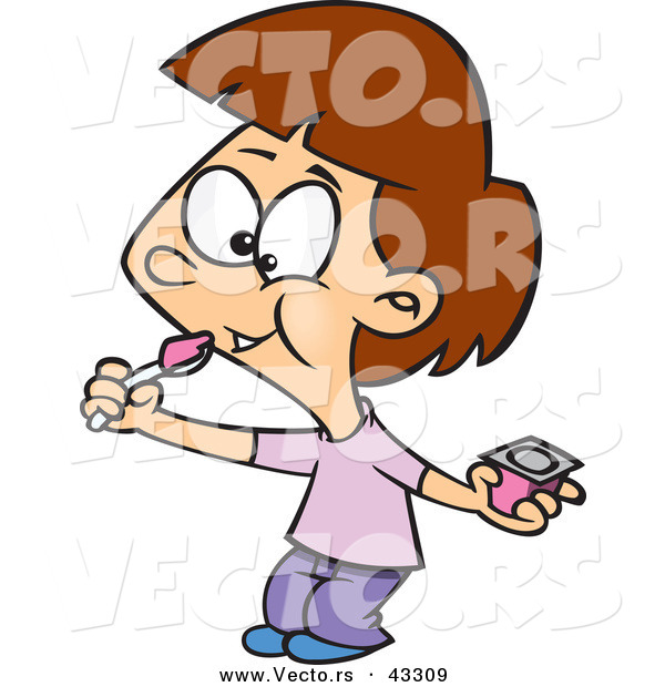 Vector of a Happy Cartoon Girl Eating Pink Yogurt