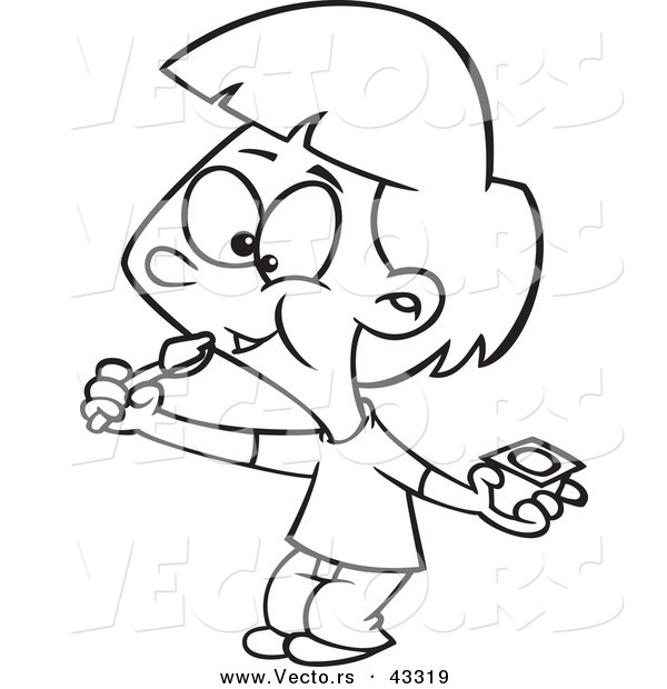 Vector of a Happy Cartoon Girl Eating Yogurt - Coloring Page Outline