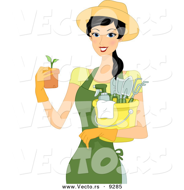 Vector of a Happy Cartoon Girl Holding a Potted Garden Plant and Gardening Supplies