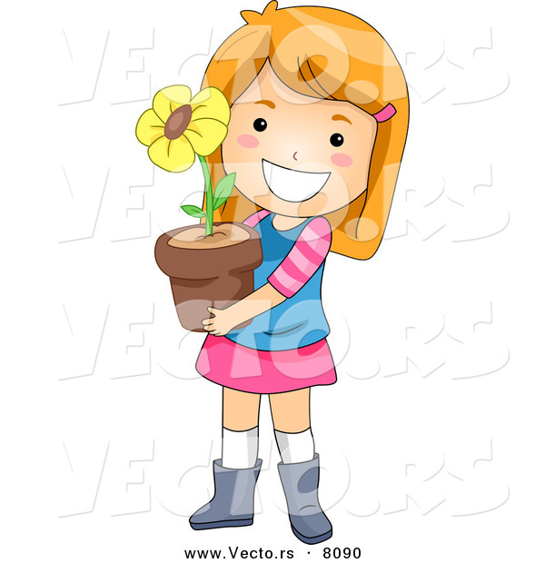 Vector of a Happy Cartoon Girl Holding a Potted Yellow Flower