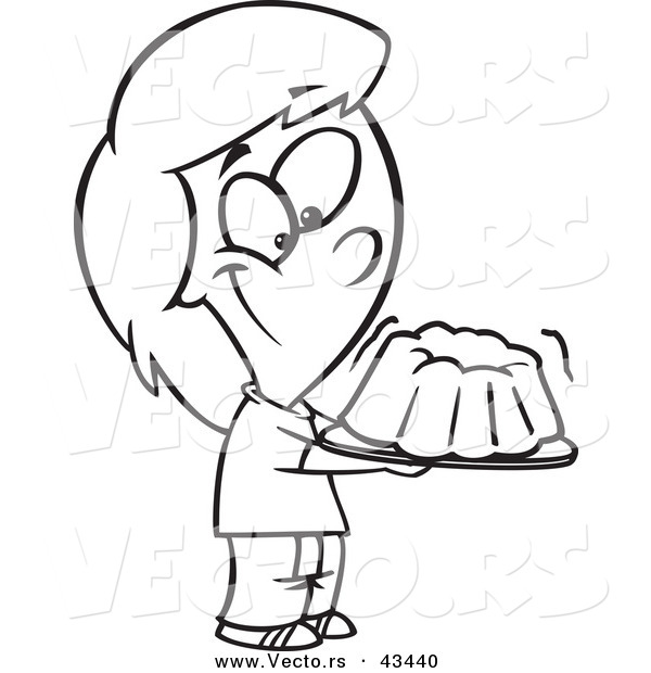 Vector of a Happy Cartoon Girl Holding Jiggly Jello - Coloring Page Outline