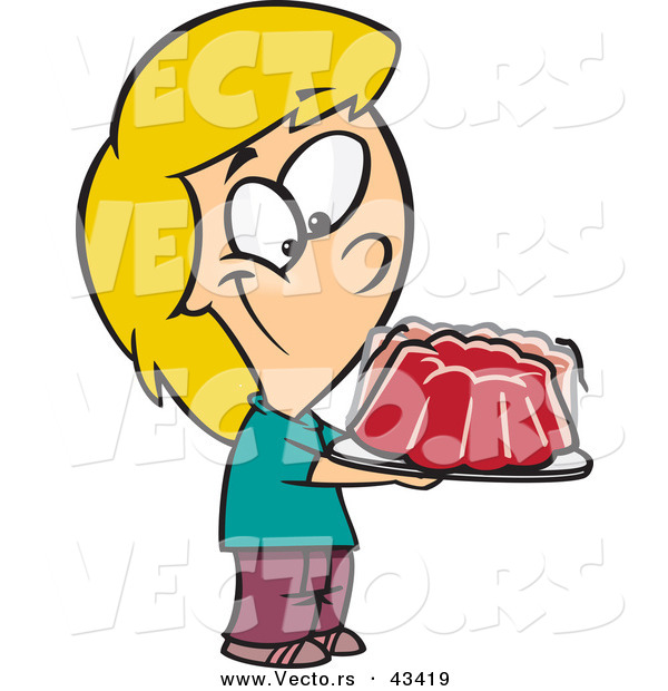Vector of a Happy Cartoon Girl Holding Plate Full of Red Jello