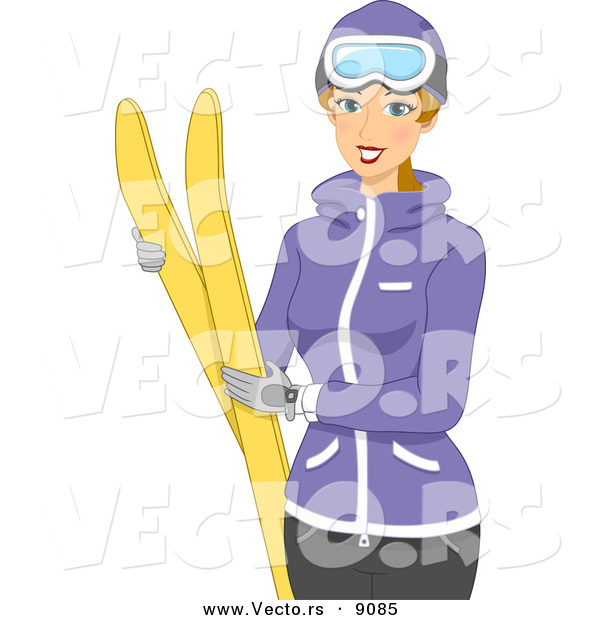 Vector of a Happy Cartoon Girl Holding Winter Snow Skis