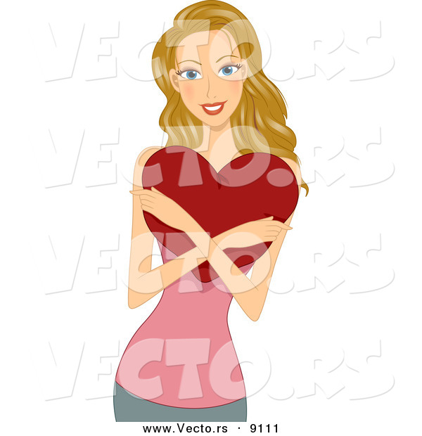 Vector of a Happy Cartoon Girl Hugging a Valentine's Day Love Heart Pillow