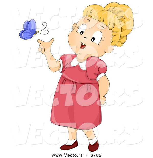 Vector of a Happy Cartoon Girl Letting Purple Butterfly Land on Her Finger