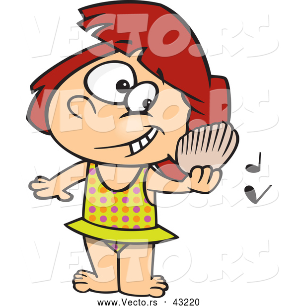 Vector of a Happy Cartoon Girl Listening to a Shell with Music Notes on a Beach