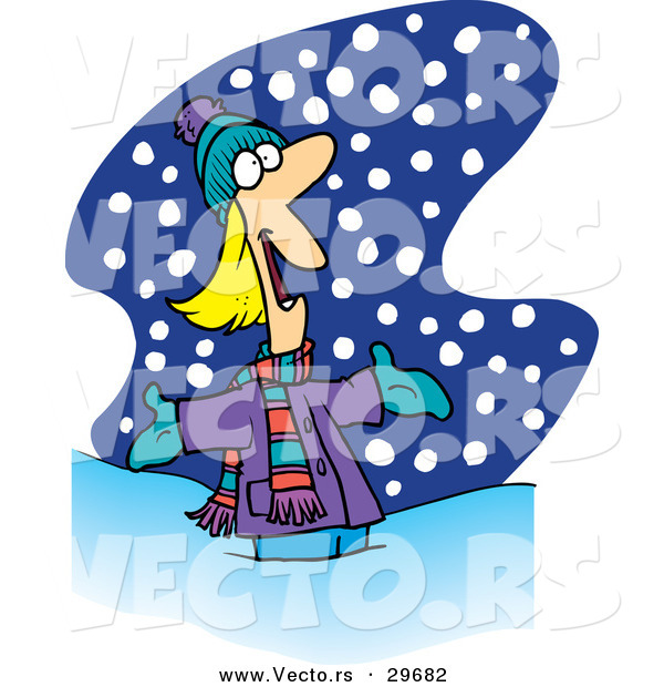 Vector of a Happy Cartoon Girl Looing into the Sky While It Snows