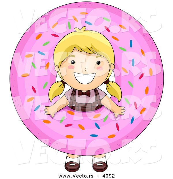 Vector of a Happy Cartoon Girl Looking Through a Giant Pink Donut with Hole