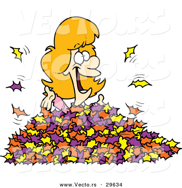 Vector of a Happy Cartoon Girl Playing in Autumn Leaves