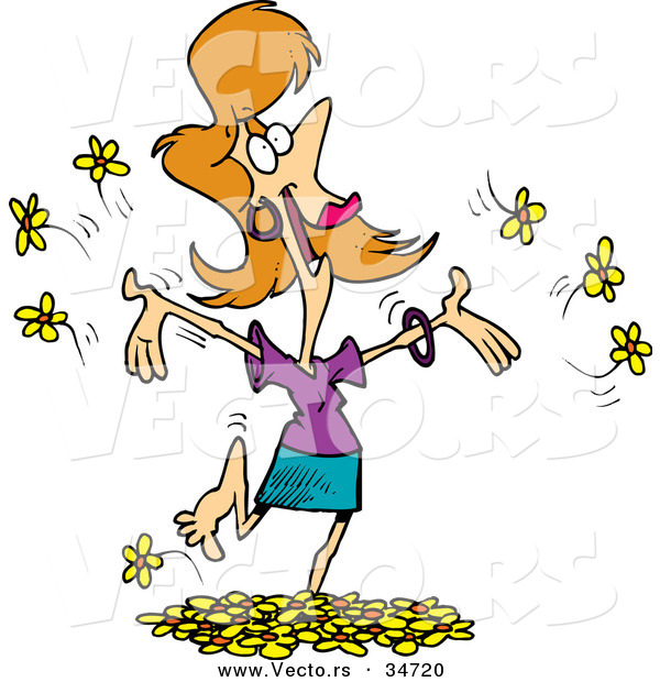 Vector of a Happy Cartoon Girl Playing in Yellow Spring Flowers