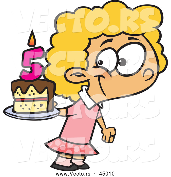 Vector of a Happy Cartoon Girl Posing with Her Fifth Birthday Cake