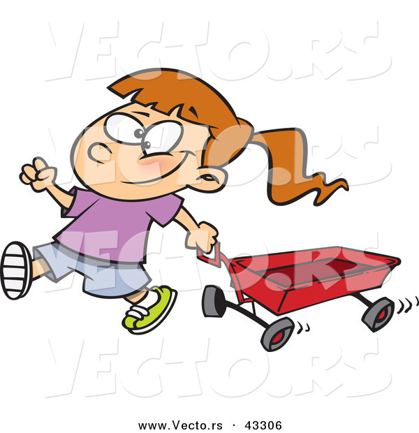 Vector of a Happy Cartoon Girl Pulling a Red Wagon