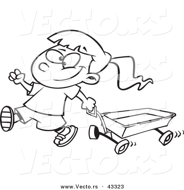 Vector of a Happy Cartoon Girl Pulling a Wagon - Coloring Page Outline