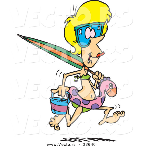 Vector of a Happy Cartoon Girl Running to the Beach with Umbrella, Bucket, and Swim Gear