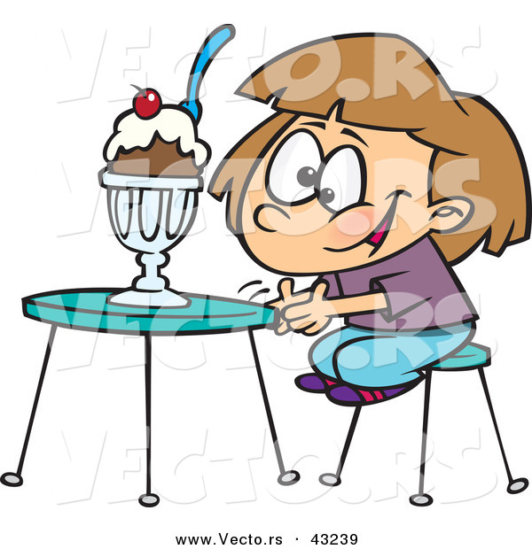 Vector of a Happy Cartoon Girl Sitting Infront of a Ice Cream Sundae