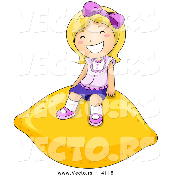 Vector of a Happy Cartoon Girl Sitting on a Giant Lemon