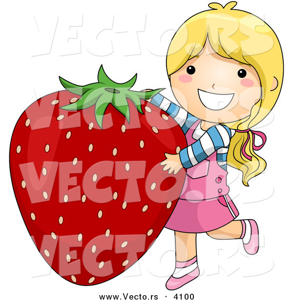 Vector of a Happy Cartoon Girl Standing Beside a Big Strawberry