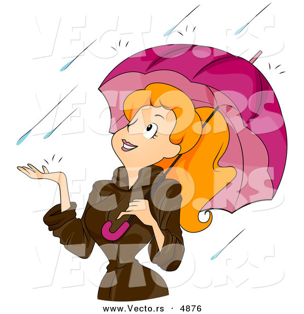 Vector of a Happy Cartoon Girl Standing Under an Umbrella in the Rain