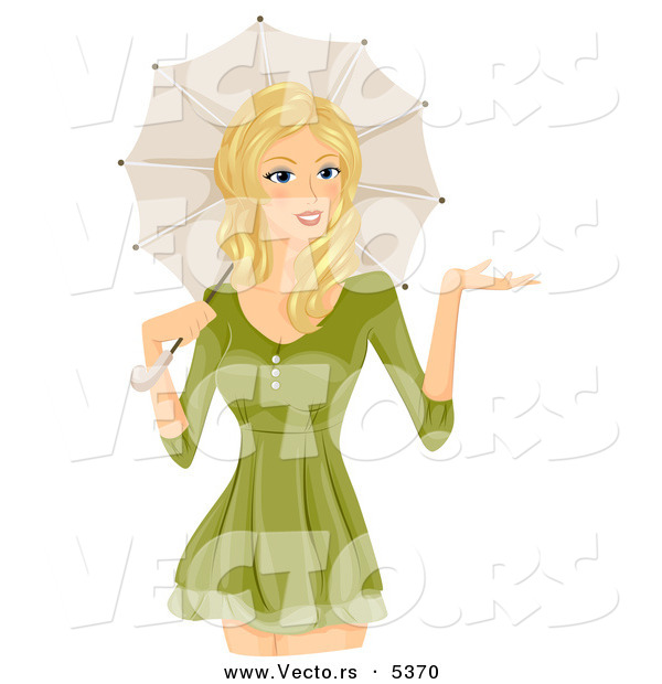 Vector of a Happy Cartoon Girl Standing with a Parasol over Her Shoulder