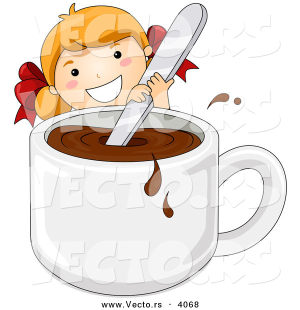 Vector of a Happy Cartoon Girl Stirring Giant Cup of Hot Chocolate
