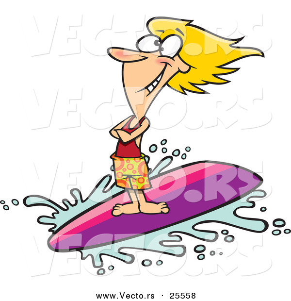 Vector of a Happy Cartoon Girl Surfing Wave on Surfboard