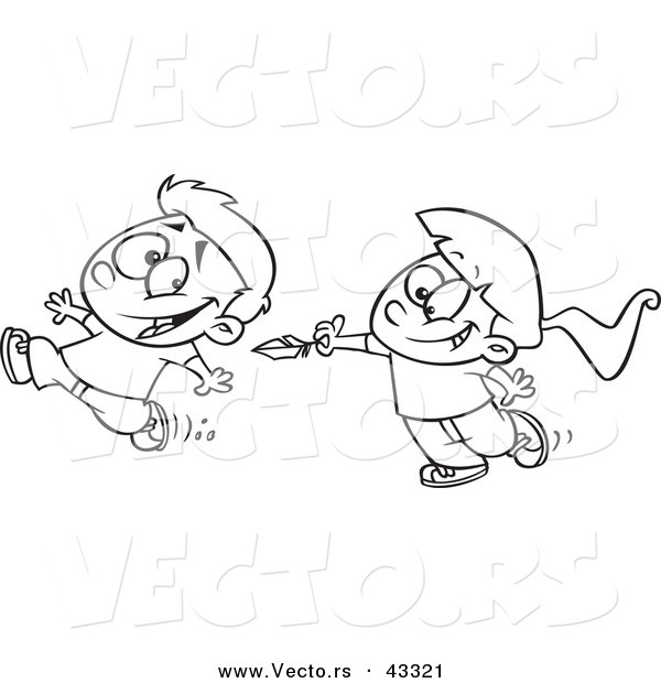 Vector of a Happy Cartoon Girl Trying to Tickle a Running Boy with a Feather - Coloring Page Outline