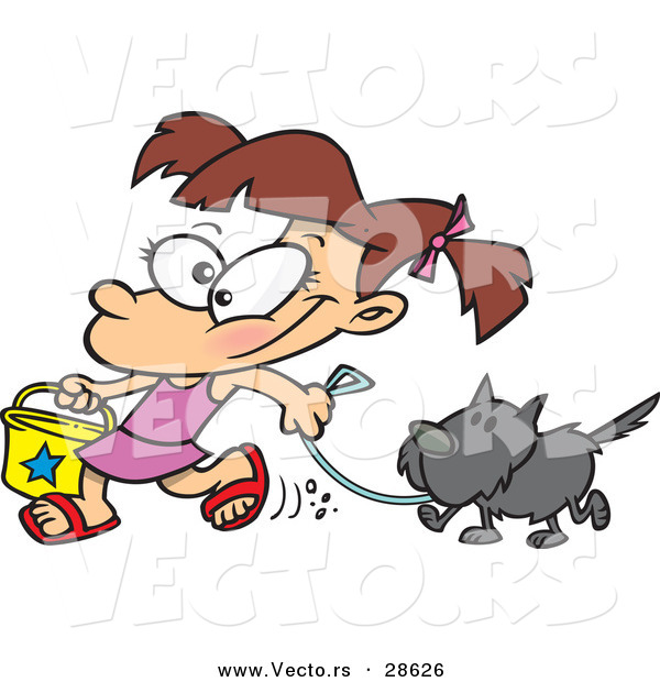 Vector of a Happy Cartoon Girl Walking Her Dog While Carrying a Beach Bucket
