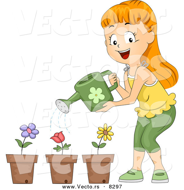 Vector of a Happy Cartoon Girl Watering 3 Potted Flowers