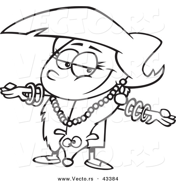 Vector of a Happy Cartoon Girl Wearing Expensive Fur and Jewelery - Coloring Page Outline