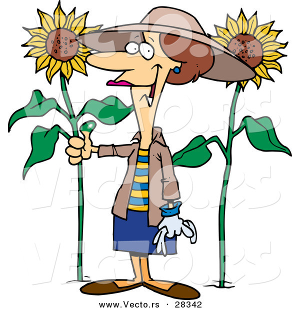 Vector of a Happy Cartoon Girl with a Green Thumb Standing Beside Tall Sunflowers in a Garden