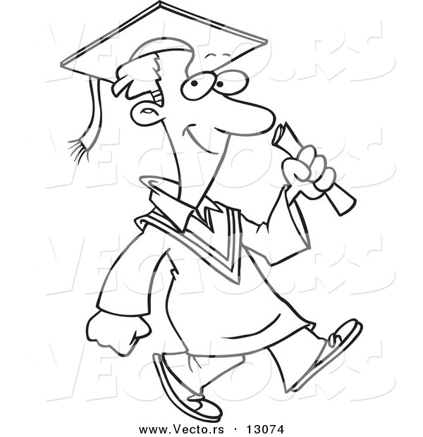 Vector of a Happy Cartoon Graduate Boy Walking - Coloring Page Outline Version