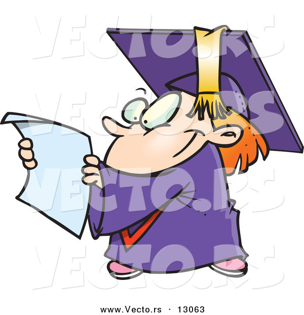 Vector of a Happy Cartoon Graduate Kid Reading His Certificate