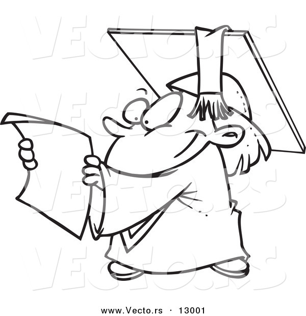 Vector of a Happy Cartoon Graduate Reading Certificate - Coloring Page Outline Version