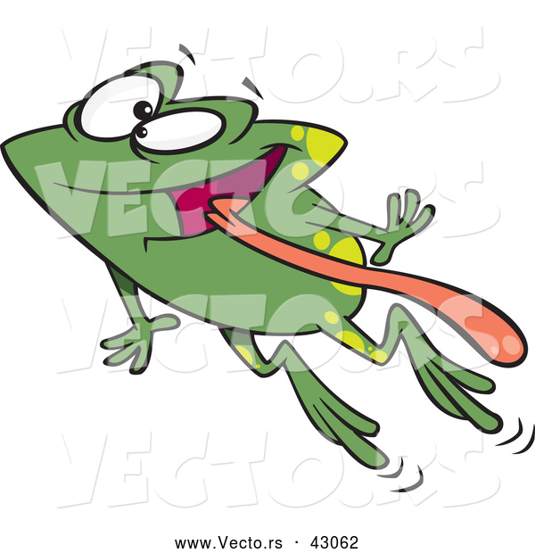 Vector of a Happy Cartoon Green Frog Jumping High with His Tongue out