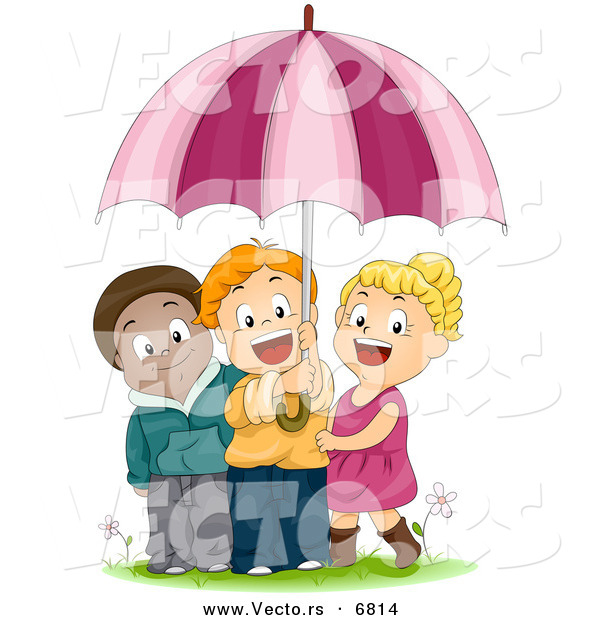 Vector of a Happy Cartoon Group of Diverse Kids Sharing an Umbrella
