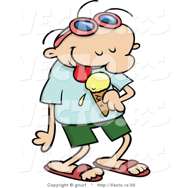 Vector of a Happy Cartoon Guy Licking Ice Cream Cone on a Warm Day