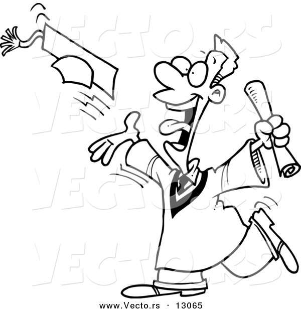 Vector of a Happy Cartoon Guy Tossing Graduation Cap into the Air - Coloring Page Outline Version