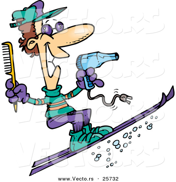 Vector of a Happy Cartoon Hairstylist Winter Skiing