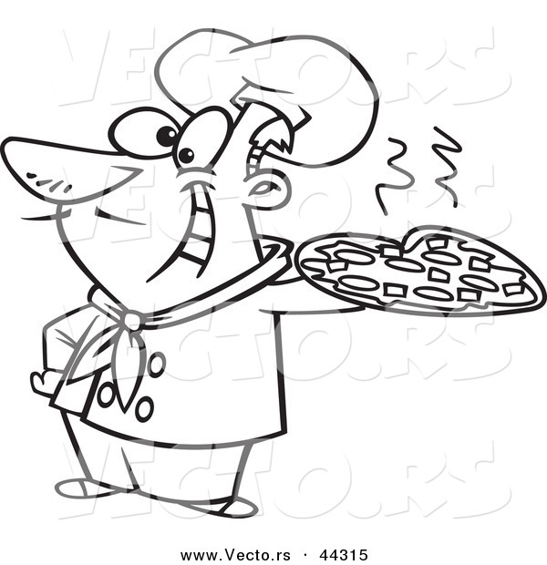 Vector of a Happy Cartoon Italian Chef Holding a Pizza Pie - Coloring Page Outline