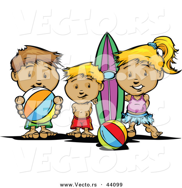 Vector of a Happy Cartoon Kids Brothers and Sister at the Beach with Surfboard and Ball