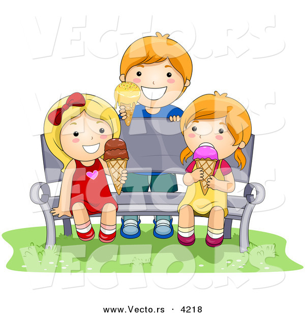 Vector of a Happy Cartoon Kids Eating Ice Cream on a Bench