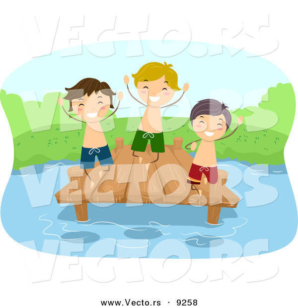 Vector of a Happy Cartoon Kids Playing on a Lake Dock