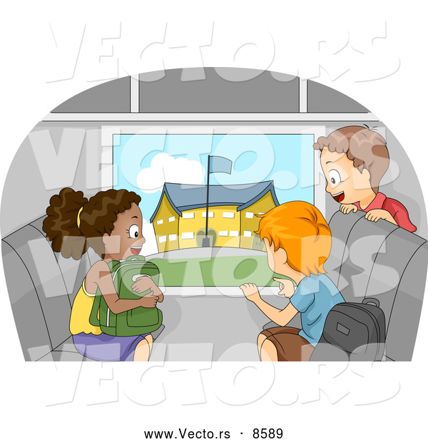 Vector of a Happy Cartoon Kids Viewing a School from a Bus Window